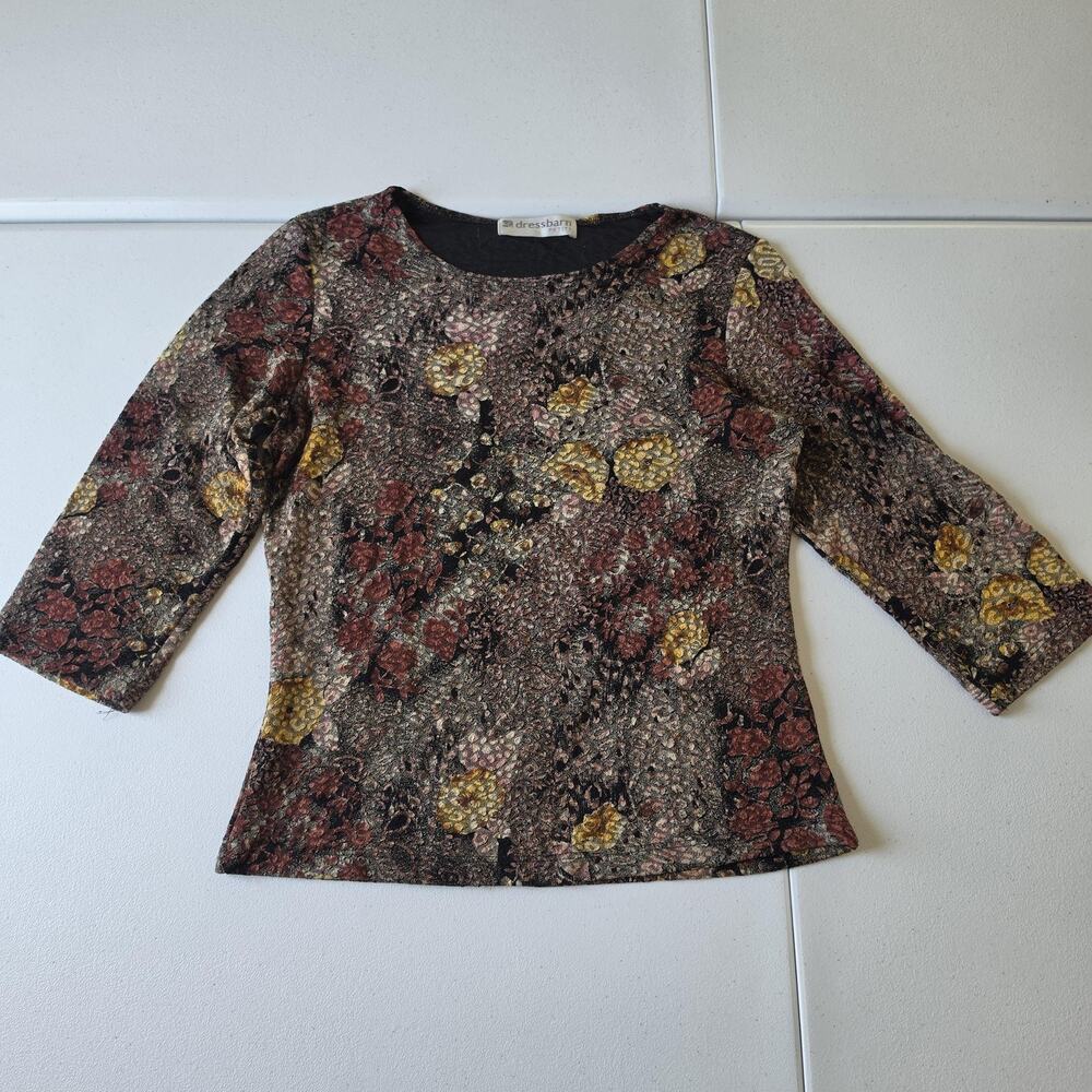 Y2K Whimsigoth Fairy Grunge Top Medium Petite Multicolor Floral Knit 3/4 Sleeve